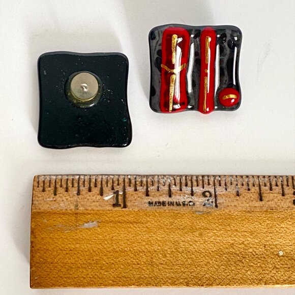 Abstract Geometric Fused Glass Gray Red Gold Black Lightweight Pierced Earrings - Picture 8 of 8